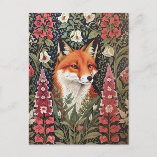Fox och Foxglove Flowers William Morris Inspired Vykort (Framsida)