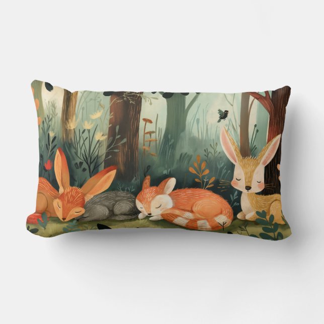 Fox och kaniner som sover i skogen lumbarkudde (Framsida)