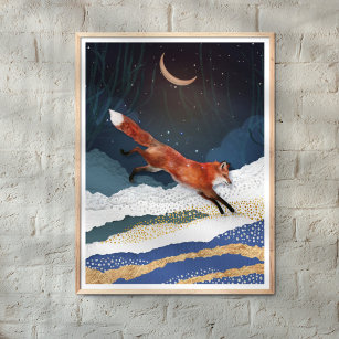 Fox- och Måne-magiska golvljusets landskapsmålning Poster