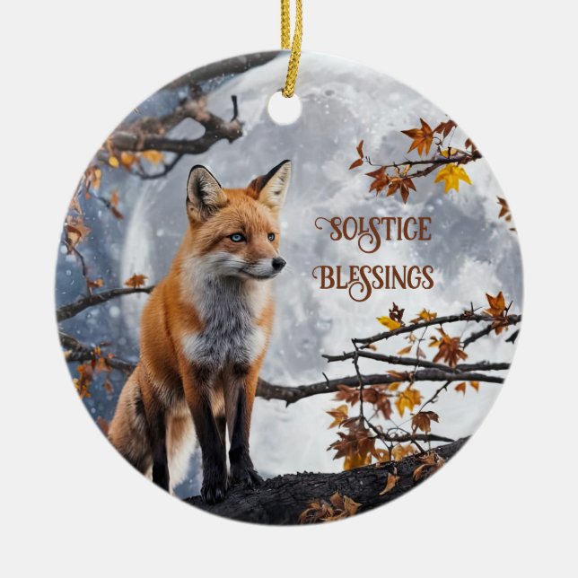 Fox och Måne Solstice Blessings Helgdag Julgransprydnad Keramik (Framsidan)