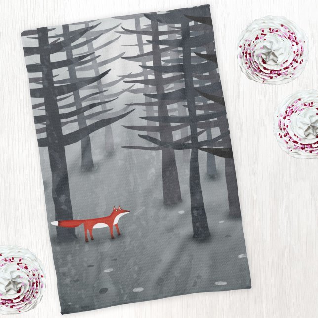 Fox och skogen kökshandduk (Fox and forest woodland landscape art kitchen tea towel)