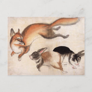 Fox och två harar, Vintage japansk målning Vykort