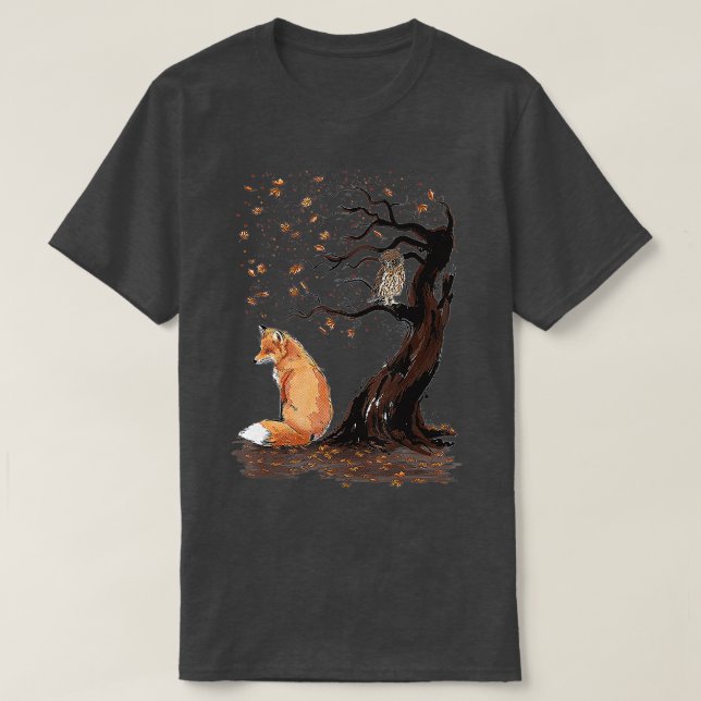 Fox och Uggla på hösten l för Träd-djuret Lover Cu T Shirt (Design framsida)