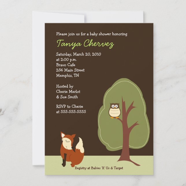 Fox och Uggla Woodland Forest Baby Shower 5x7 Inbjudningar (Framsida)