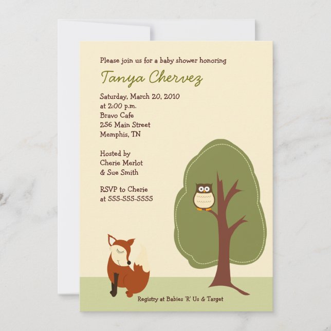 Fox och Uggla Woodland Forest Baby Shower 5x7 Inbjudningar (Framsida)