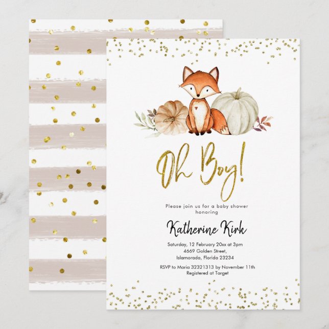 Fox Oh Boy Fall Pumpkin Baby Shower Inbjudningar (Fram/baksida)
