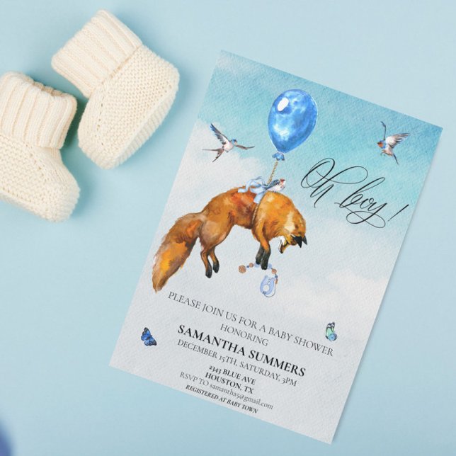 Fox Oh Boy Watercolor Balloon Inbjudningar (Skapare uppladdad)