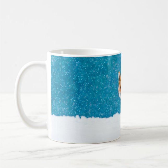 Fox på vintern. Röda rävar, vulpes vulpes, sniffar Kaffemugg (Vänster)