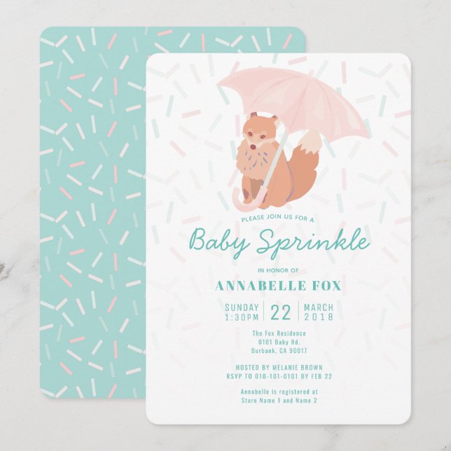 Fox Paraplla Mint Baby Sprinkle Shower-inbjudan Inbjudningar (Fram/baksida)