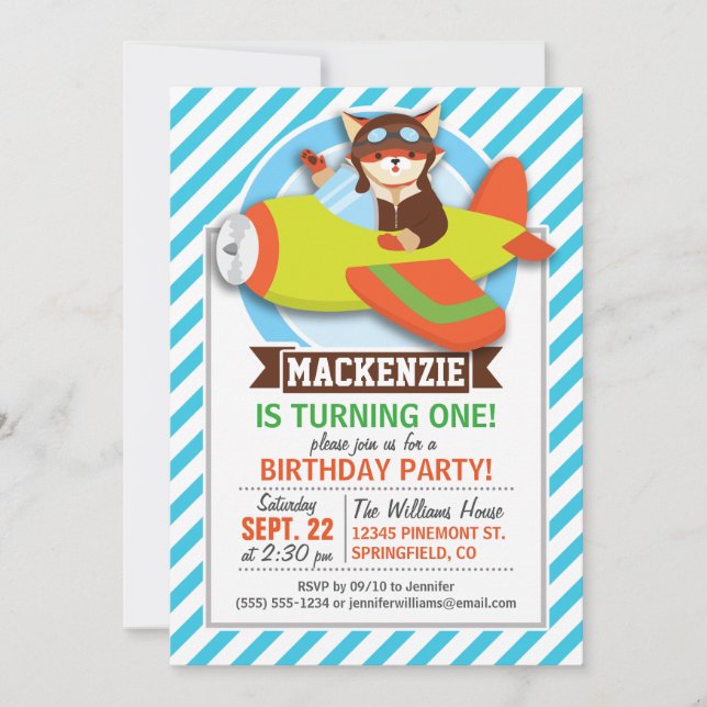 Fox Pilot i Grönt- och Orange-flygplan, Blue Rand Inbjudningar (Framsida)