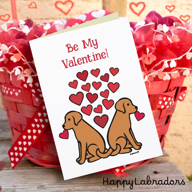 Fox Red Labrador Duo Hearts Valentine Helgkort (Two Fox Red Labradors Valentine's Card for Labrador Owners.  Sweet Cartoon design with red hearts.)
