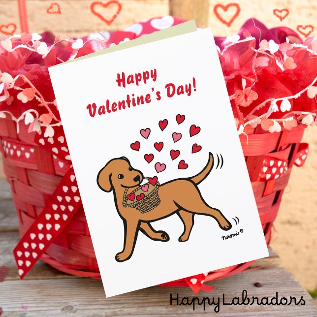 Fox Red Labrador med hjärtan Valentine Helgkort (Fox Red Labrador Carrying Hearts Valentine Card for Labrador Owners.  Cute Cartoon Design.)