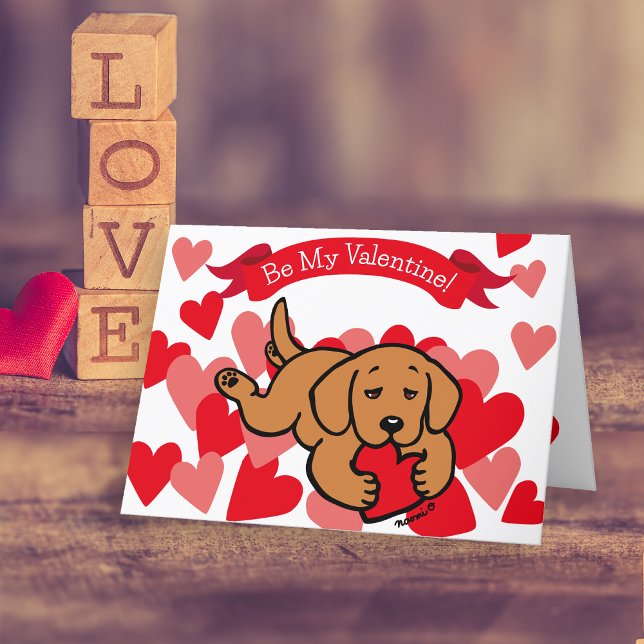 Fox Red Labrador Puppy Chewing Heart Valentine Helgkort (Fox Red Labrador Puppy Chewing Heart Valentine's Day Cards for Labrador Owners.  Cute Cartoon art.)