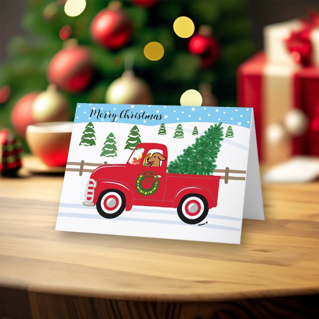 Fox Red Labrador Red Lastbil jul Helgkort (Fox Red Labrador and Vintage Red Truck Design Christmas Cards for Fox Red Labrador Owners. )