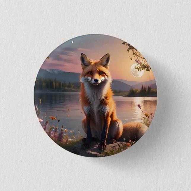 Fox sitta vid sjö i solnedgången. knapp (Framsida)