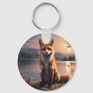 Fox sitta vid sjö i solnedgången. nyckelring