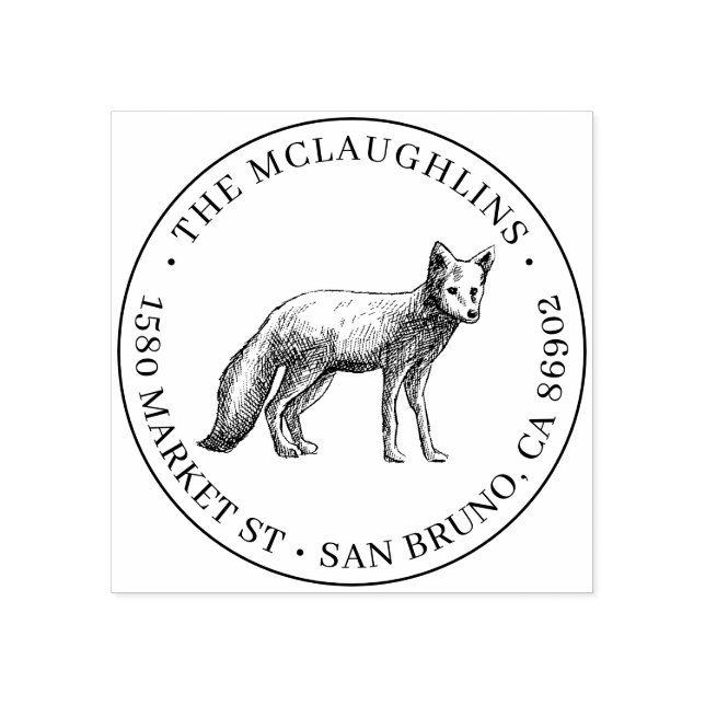 Fox Sketch | Runda familjen Namn & Returadress Stämpel (Tryck)