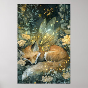 Fox Sleeping Enchanted Emerald Forest Poster