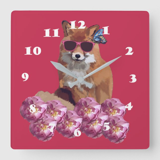 Fox, sollasser, Rosa Wall Clock Fyrkantig Klocka (Framsida)