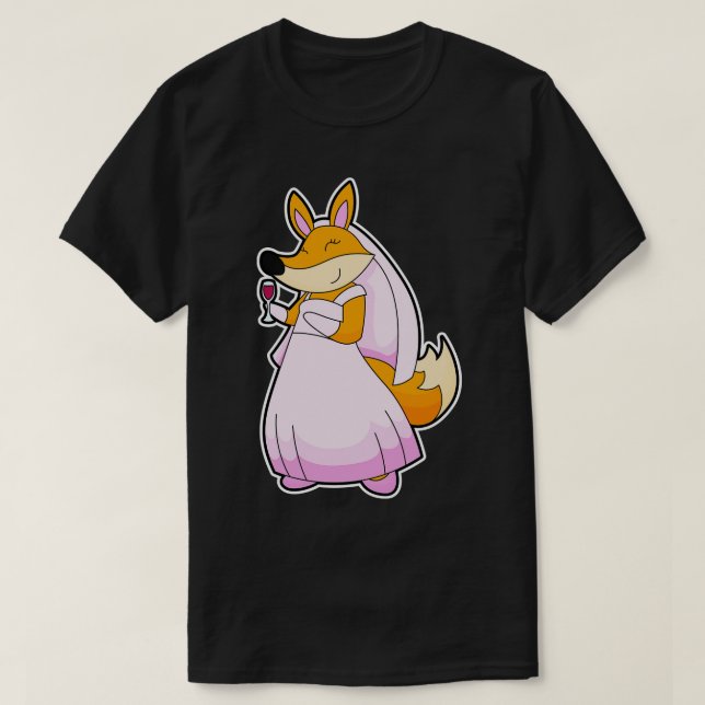 Fox som Bride med Glass av Red vin T Shirt (Design framsida)