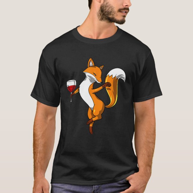 Fox som dricker Vin Party - lustigt djur T Shirt (Framsida)