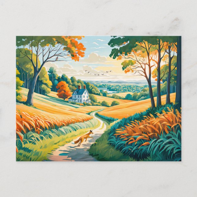 Fox som går på Fält Väg i höstjordbruksområdet Vykort (Framsida)