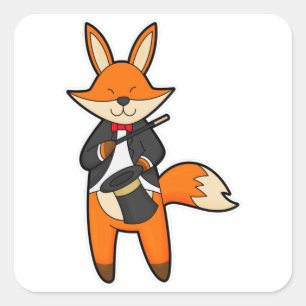 Fox som magiker med magiskt trollspö och hög fyrkantigt klistermärke