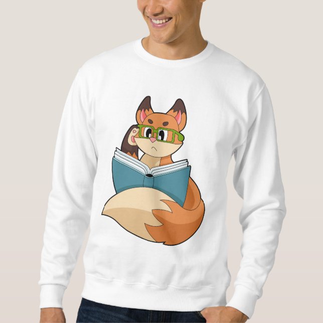 Fox som nerd med Bok och glas Lång Ärmad Tröja (Framsida)