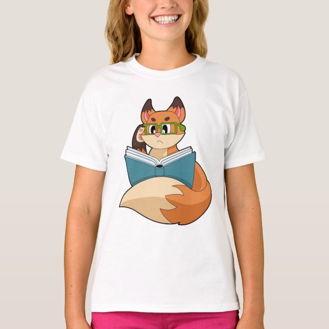 Fox som nerd med Bok och glas T Shirt (Framsida)