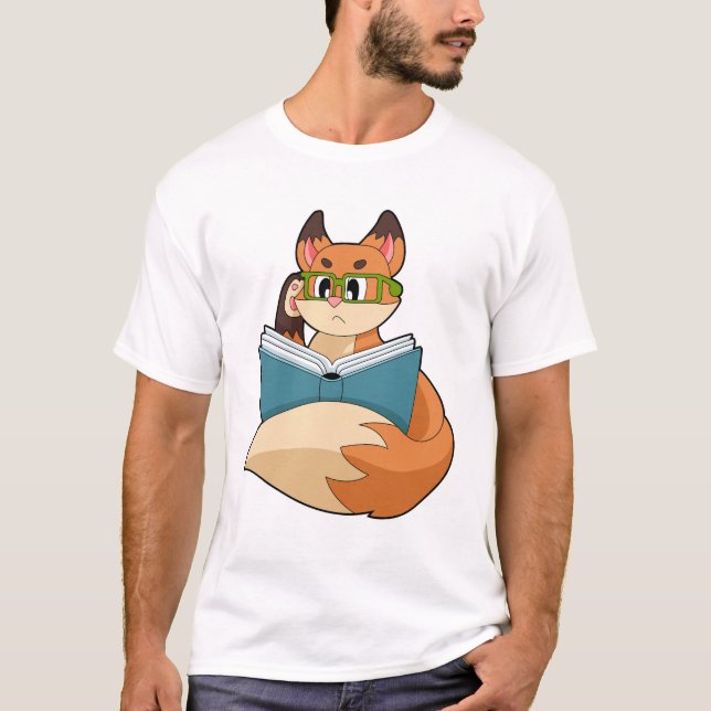 Fox som nerd med Bok och glas T Shirt (Framsida)