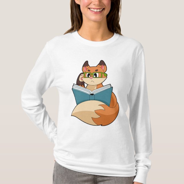 Fox som nerd med Bok och glas T Shirt (Framsida)