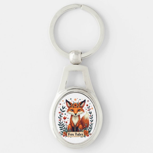 Fox Tales Boho Woodland Animal Ovalt Silverfärgad Nyckelring (Framsidan)