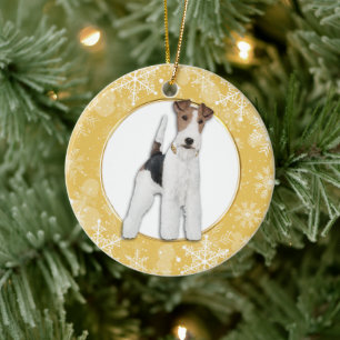 Fox Terrier Hund Guld Snowflake Gräns Julgransprydnad Keramik