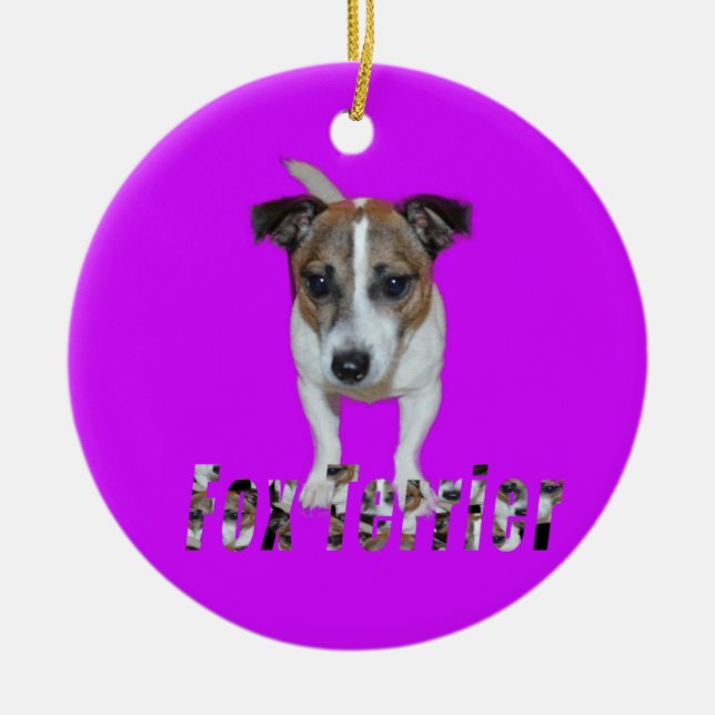 Fox Terrier med Logotyp, Lila Ceramic Ornament. Julgransprydnad Keramik (Framsidan)