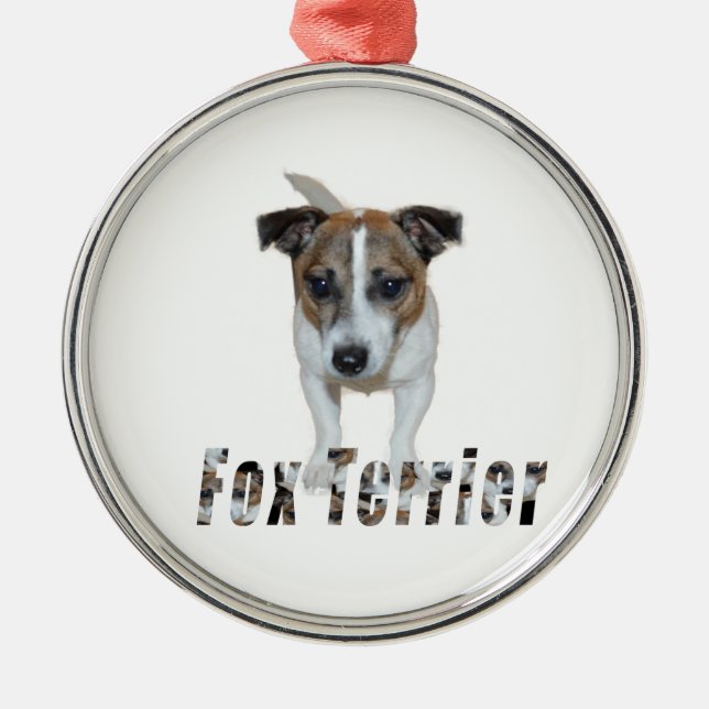 Fox Terrier med Logotyp, Metall Ornament. Julgransprydnad Metall (Framsidan)