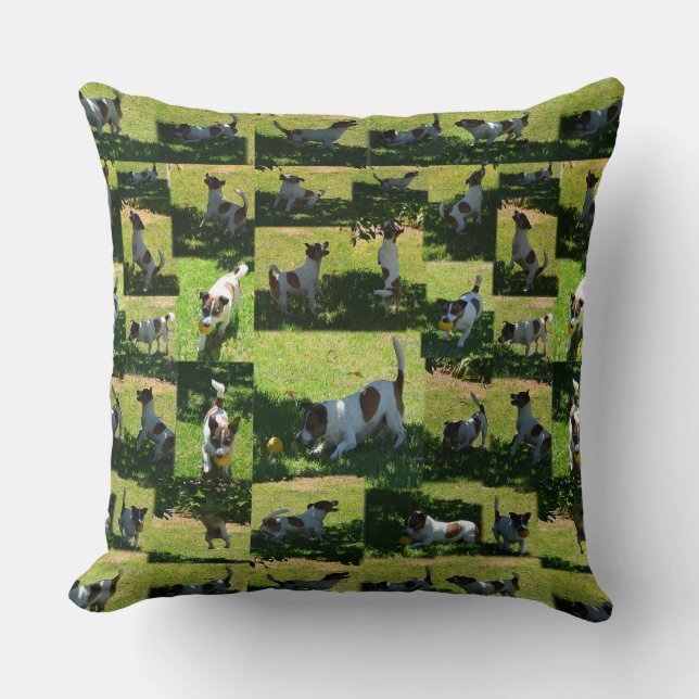 Fox Terrier spelar, Photo Collarge Large Cushion. Kudde (Framsida)