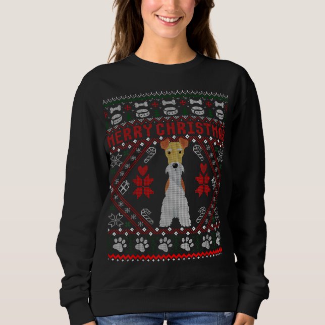 Fox Terrier Wire Hund God jul Ugly Sweater T Shirt (Framsida)