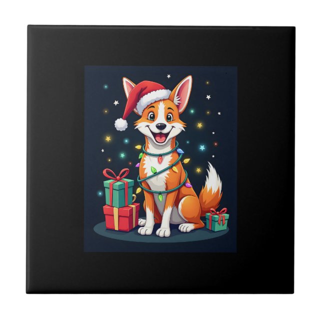 Fox Terrier Xmas Belysning Tomte Fox Terrier Hund  Kakelplatta (Framsidan)