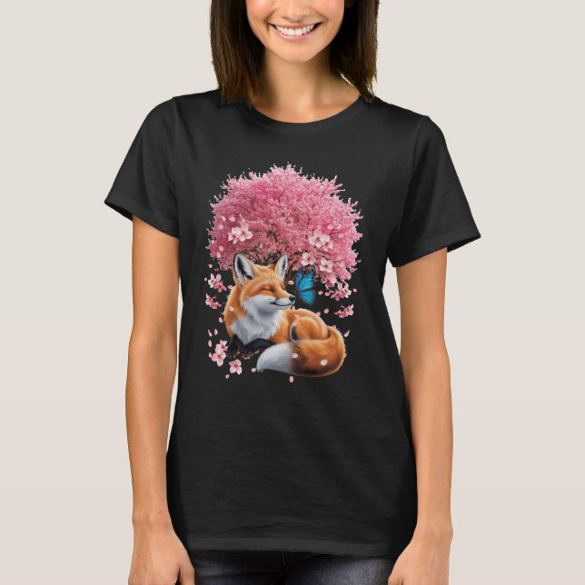 Fox under Cherry Blommar Träd japansk Sakura Butt T Shirt (Framsida)