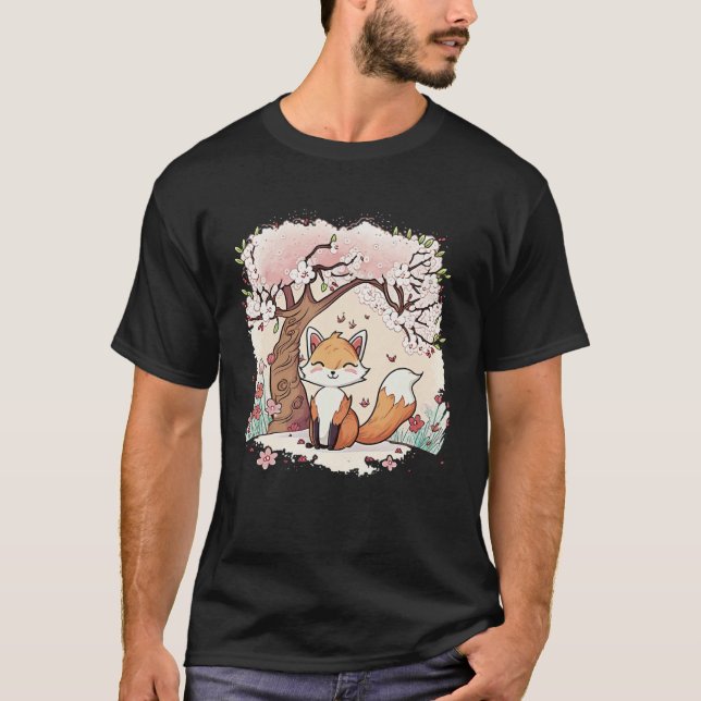 Fox Vaporwave Under Cherry Blossom Japanese Aesthe T Shirt (Framsida)