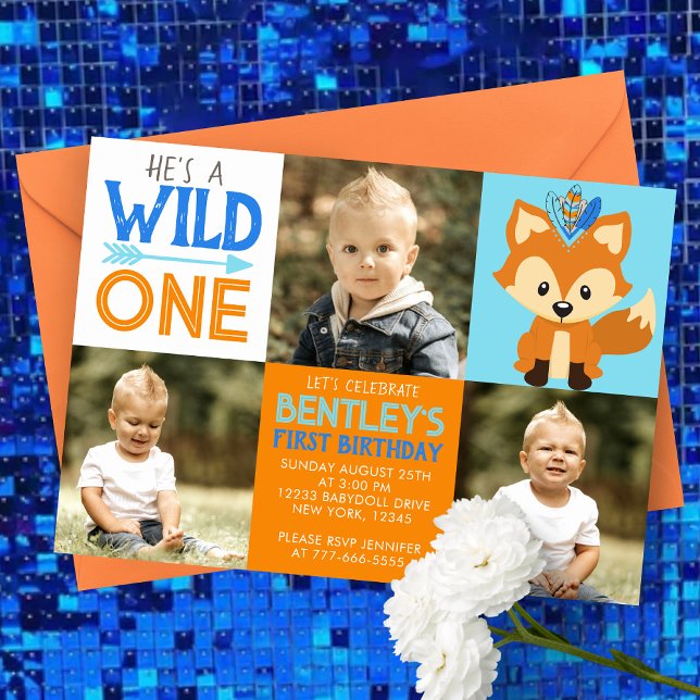 Fox Vild ett 3-foto första födelsedagsinbjudan Inbjudningar (Wild One Tribal Forest Fox 3 Picture Photo Invitation in Blue, Orange and Brown)