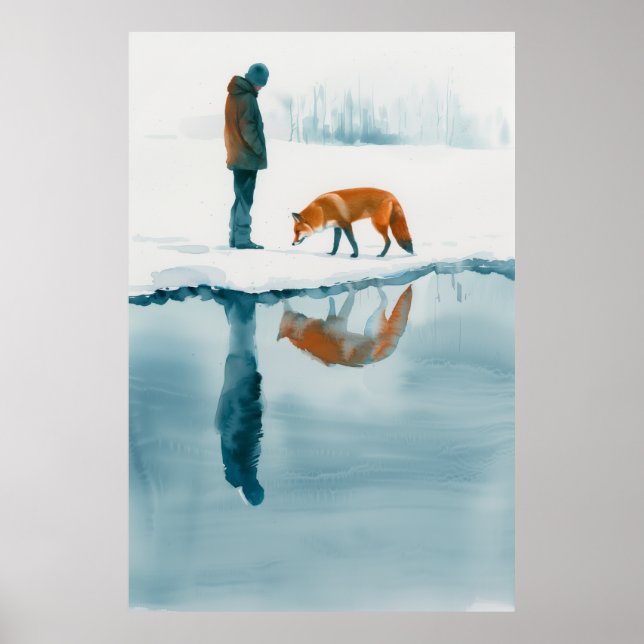 Fox Walking Beside Snö River - Natur Poster (Framsidan)