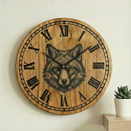 Fox Wall Clock - Wildlife Wooden Style  Stor Klocka