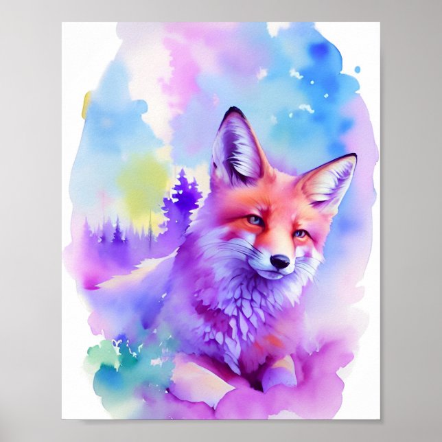 Fox Watercolor Porträtt 1 Helgdag vykort Poster (Framsidan)