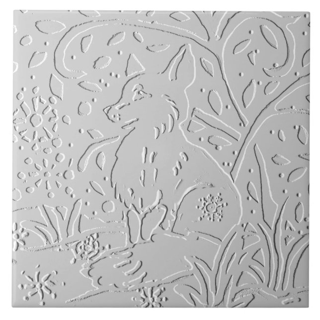 Fox White Grått Black Embossed Woodland Snöflingor Kakelplatta (Framsidan)