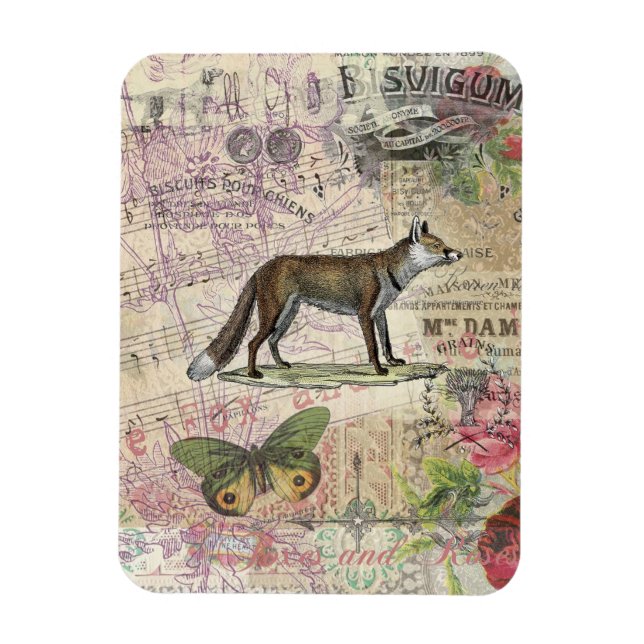 Fox Wildlife Collage Vintage Illustration Magnet (Vertikal)