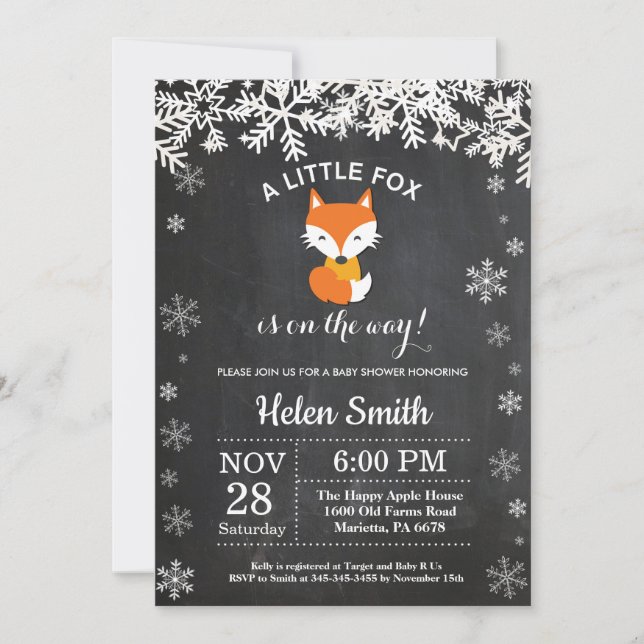 Fox Winter Baby Shower Chalkboard-inbjudan Inbjudningar (Framsida)