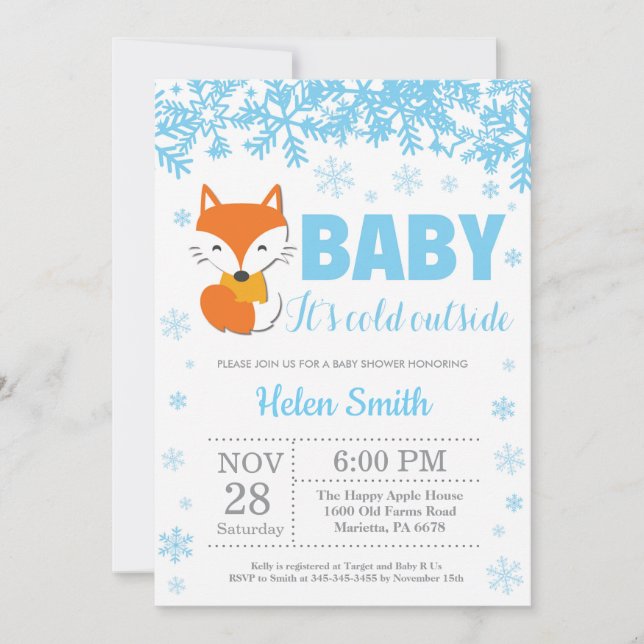 Fox Winter Blue Boy Shower Snowflake Inbjudningar (Framsida)