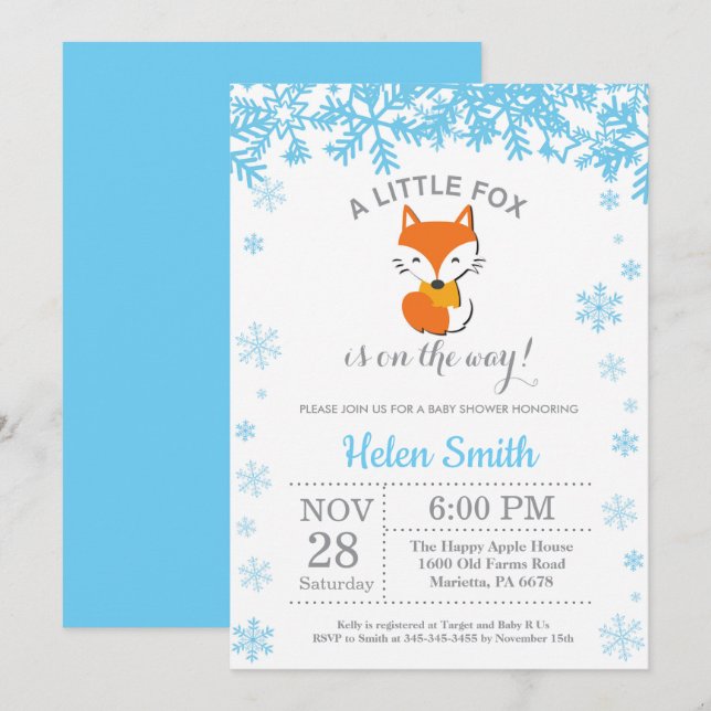 Fox Winter Blue Boy Shower Snowflake Inbjudningar (Fram/baksida)