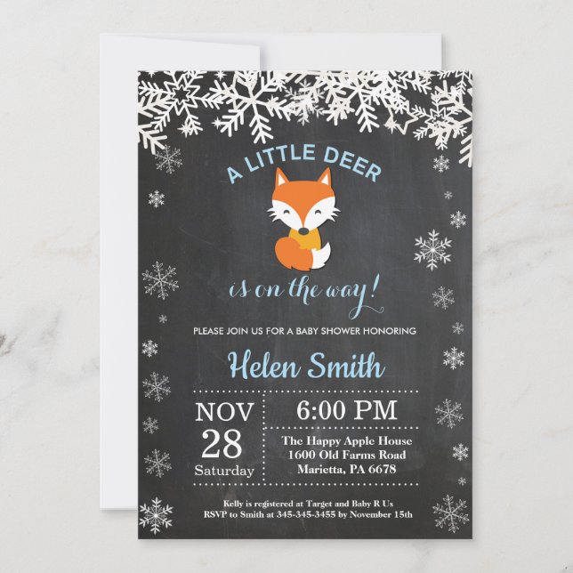 Fox Winter Boy Baby Shower Chalkboard-inbjudan Inbjudningar (Framsida)